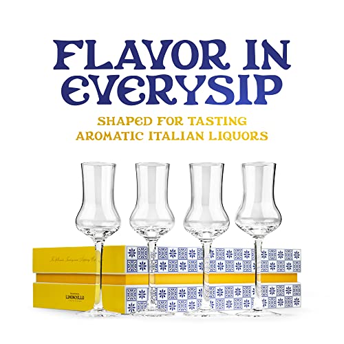 Crystal Limoncello Cordial Glasses | Set of 4 | Tall 3.3 oz Long Stemmed Spirit Glassware for Sipping Aromatic Liquor, After Dinner Drink, Aperitif, Digestive | Elegant Tulip Shaped Stemware