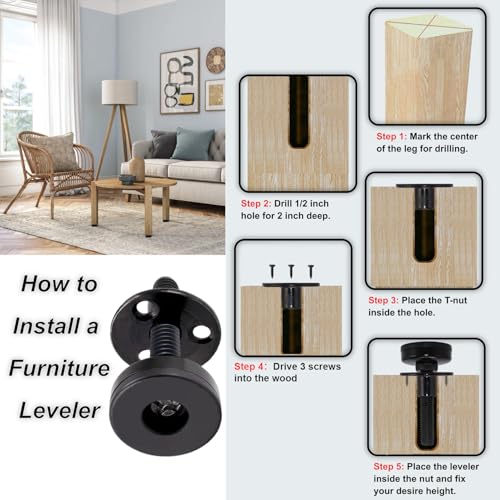 NEWBYTEK 3/8"-16 heavy-duty furniture leveling feet with 3-hole T-nuts, 4-pack long version