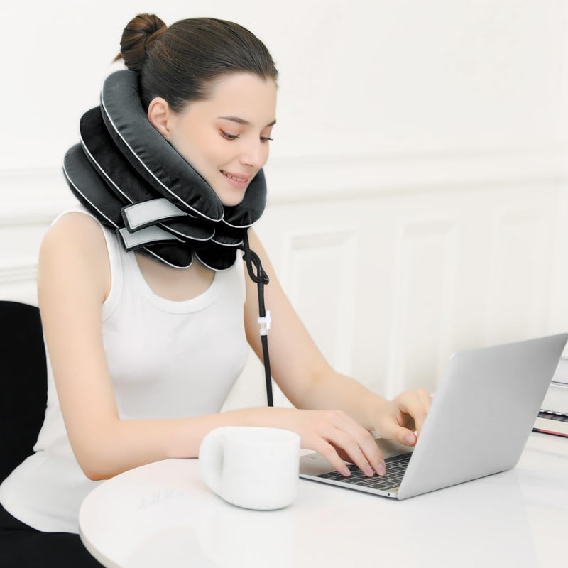 [Australia - AusPower] - Cervical Neck Traction Device for Neck Pain Relief - Inflatable Neck Stretcher Traction Collar for Neck Decompression - Best Home Use Neck Brace, Neck Traction Pillow, Neck Pump (Black Plush) 