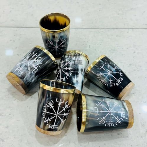 Royal Viking Drinking Horn Shot Glass Cup Brass Ring Genuine Handcrafted Viking Horn Cup Original Medieval Cup (SET OF 6) SET OF 6