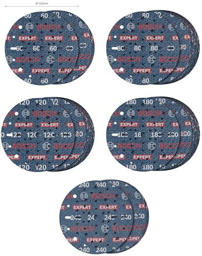 Bosch 55 x Expert O780 Foil Sanding Discs Set, 150 mm, 55-Piece (for Hardwood, Paint on Wood, Diameter 150 mm, Grit 5 x 60, 15 x 80, 15 x 120, 15 x 180, 5 x 240, Professional Accessories Random Orbital Sander) Körnung 60/80/120/180/240 Set | Ø 150 mm