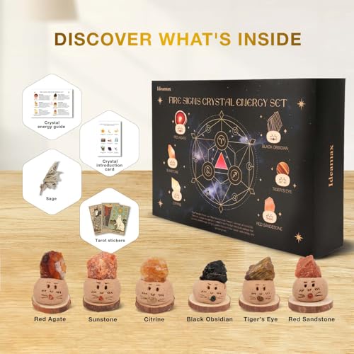 Healing Crystals Gift Set, Zodiac Signs Healing Crystals Stone with Horoscope Box Set, Aries Leo Sagittarius Crystal Healing Stones Gifts Fire Signs