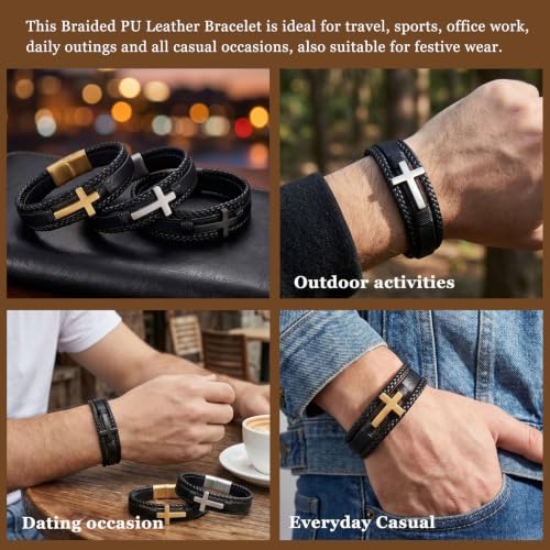 Men's Bracelets, 21cm Multi-Layer Braided PU Leather Bracelet Mann Cross - Gold