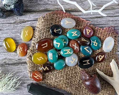 Crocon Assorted Onyx Crystal Rune Stone 25 pcs with Elder Futhark Alphabet Handmade- Mix Colors