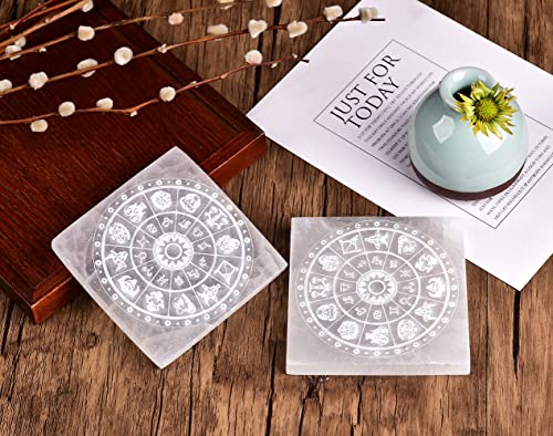 JIC Gem 4" Square Selenite Charging Plate 12 Star Engraved Selenite Slab Healing Crystal Charging Station 12 Star-4"