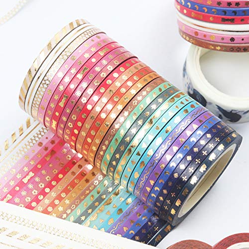 YUBBAEX 24 Rolls Skinny Washi Tape Set Gold Foil Print Decorative Tapes for Arts, DIY Crafts, Journals, Planners, Scrapbooking, Wrapping (Slim 3mm) Slim 3mm