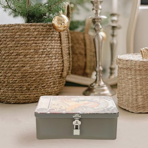 Ipetboom Vintage Tinplate Storage Box with Lock, 9.64 X 7.08 X 3.34 in