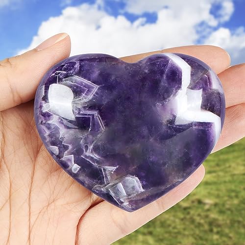 SMQ 60mm Natural Amethyst Crystal Heart Worry Stone Polished Gemstone Pocket Palm Large Chakra Crystals and Healing Stones Rock for Balancing Yoga Home Decor Amethyst（heart）
