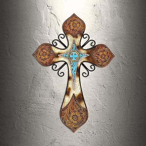 AMAJY Rustic Western Style Cowhide Faux Tooled Leather Wall Cross with Turqoise Center Piece and Floral Embossed Design Spiritual Wall art Southwest Decor