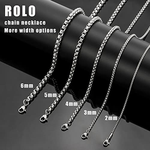 Square Rolo Chain Necklace Stainless Steel Round Box Necklace for Men & Women 2 mm Wide 26 Inches