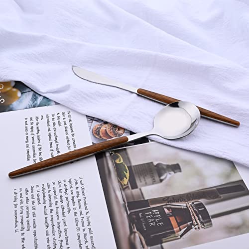 24-Piece Silverware Set for 6, Silver Mirror Polished Stainless Steel Flatware Set, Wooden Effect Handle Utensil Set for Home Hotel Restaurant, Family Cutlery Set Include Knife Fork Spoon Brown Silver