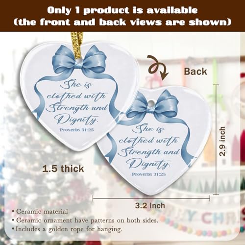 Blue Bow Christian Ornament, Christian Gifts for Women, Preppy Coquette Bow Bible Verse Heart Ornament Keepsake Sign, Religious Scripture Hanging Ornaments, 2.75x3 Inch 03-bow(01)