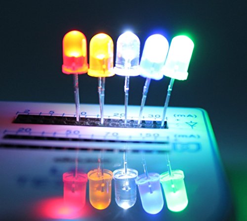DiCUNO 5 mm LEDs, Round Head LED Diodes Set | LED Diodes Assortment, for Handmade, White, Yellow, Red, Blue, Green, 2 Pin, DIY Projects, Model Making, Lighting Projects 5 x 90 pieces
