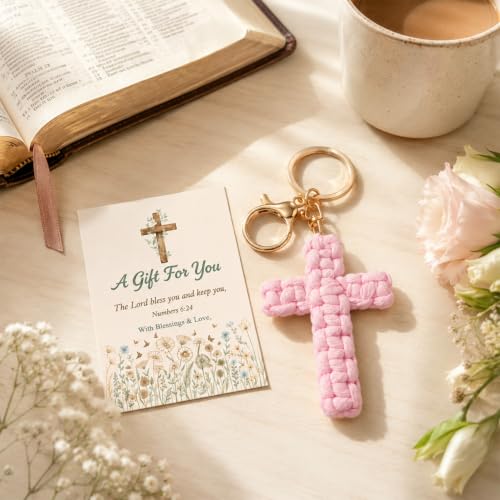 4 PCS First Holy Communion Gifts for Girls, Hand-Knitting Cross Keyring with Baptism Card, Christian Gifts for Christian Believers