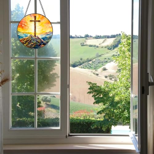 Cross Stained Glass Window Hanging, 7.87in Suncatcher Cross