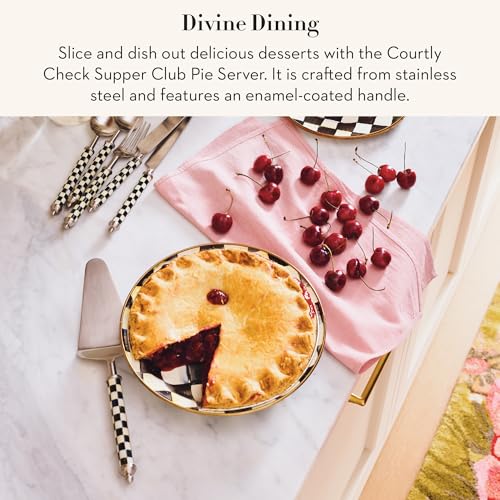 MACKENZIE-CHILDS Supper Club Pie Server with black-and-white Courtly Check pattern, designed for serving cakes, pies, and pastries.