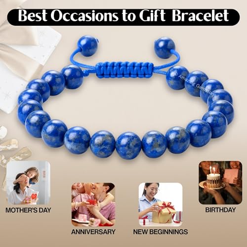 Amazing Gemstone Lapis Lazuli Bracelet for Women Men's Gifts - Protection Healing Crystal Bracelet - 8mm Gemstones Beaded Adjustable Bracelet Pulseras para Hombres Mujer Stocking Stuffers