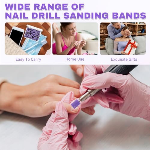 Pack of 300 Sanding Caps Nail Cutter Sanding Sleeves Nail Cutter Attachments 180 Grit Purple Suitable for Cleaning Cuticles Polishing Shapes Shortening Smoothing Nails with 3 Pieces Ball Bearings