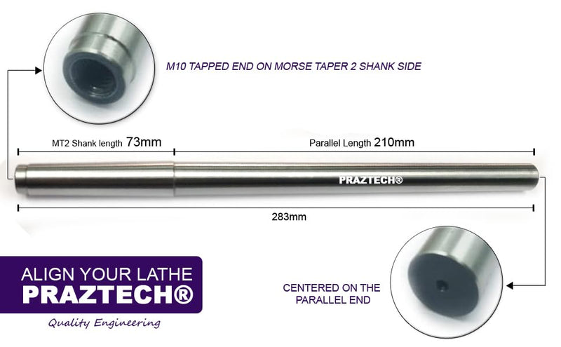 Precision Morse Taper 2 Lathe Alignment Test Mandrel Bar 283mm Long | MT2 Shank | M10 Tapped End | Tailstock Alignment