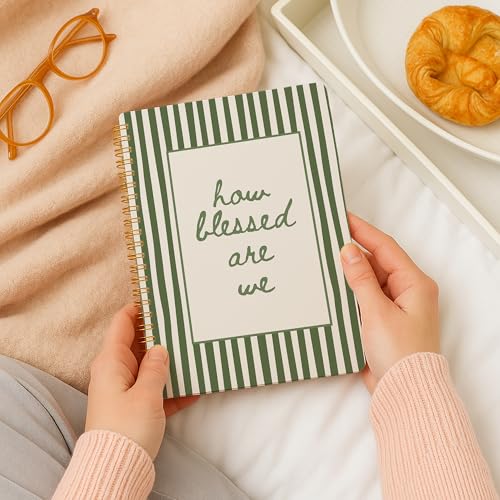 Green Striped Christian Bible Prayer Spiral Notebook Journal for woman, How Blessed Are We Religious Journal for Bible study Notebook, 5.5x8.3 Inch Green-How Blessed Are We