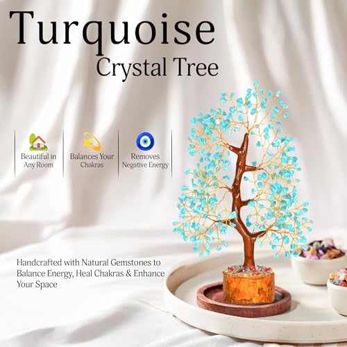 YATSKIA Turquoise Crystal Tree | Crystal Bonsai Tree | Healing Stones | Desk Decor for Women | Positive Energy Decor | Birthday Gift for Women | Crystals Gift | 10 Inch Turquoise Golden Wire