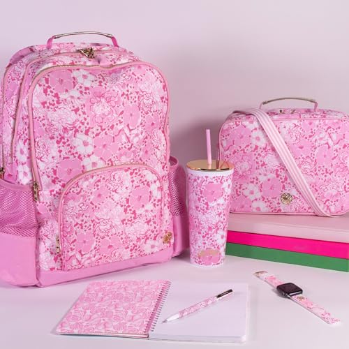 Lilly Pulitzer insulated lunch box in Conch Shell Pink with a Burst of Joy pattern, featuring a zipper closure and compact design.