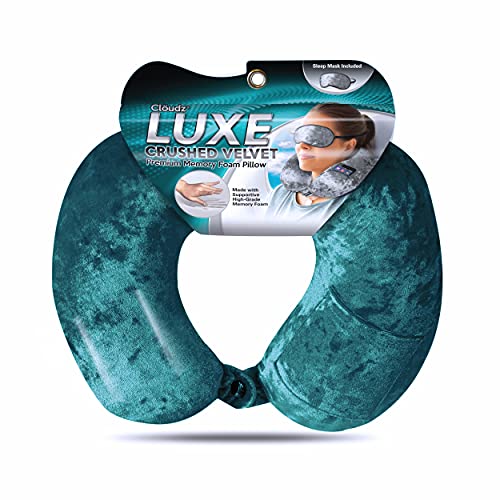 Cloudz Luxe Crushed Velvet Ultra Premium Comforlite Memory Foam Airplane Travel Neck Pillow with Matching Luxuriously Soft Black Out Sleep Mask - Teal