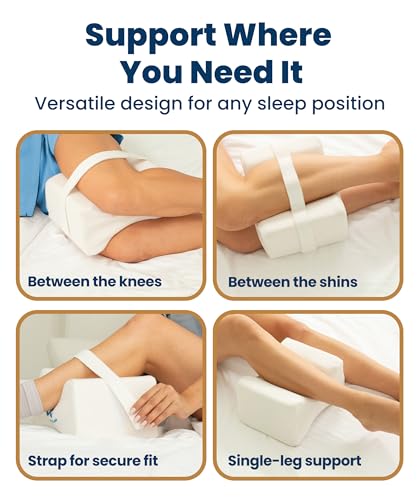 Everlasting Comfort Memory Foam Knee Pillow for Side Sleepers – Sciatica Pain Relief Pillow, Removable Strap Support – Leg Pillows for Sleeping Alignment, Knees, Back & Hip Cushion White Standard