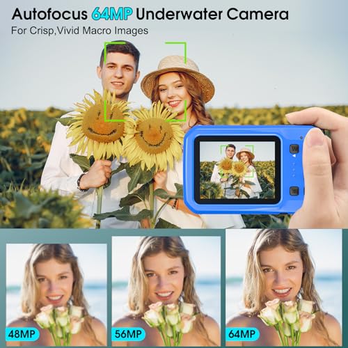 4K Underwater Camera, 64MP 16FT Waterproof Camera, 16GB Card, Blue
