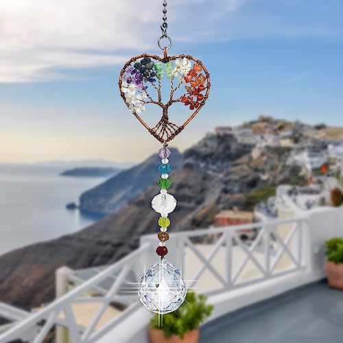 Window Hanging Suncatcher with Crystal, Tree of Life Suncatcher Garden Hanging Rainbow Maker Ornament (Tree of Life-Heart) Tree of Life-heart