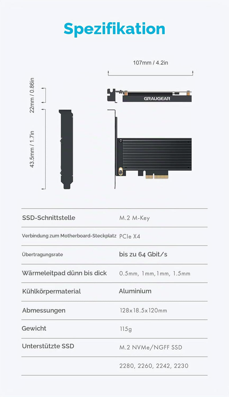 GRAUGEAR PCIe M2 Adapter Card for NVMe SSD M.2 PCIe 4.0x4 [Big Aluminum Cooler] | PCIe M2 Adapter NVMe Card for M.2 SSD PCIe 4.0x4, 64 Gbps, Compatible with M2 SSD M-Key of Lengths 2280, 2260, 2242, 2230