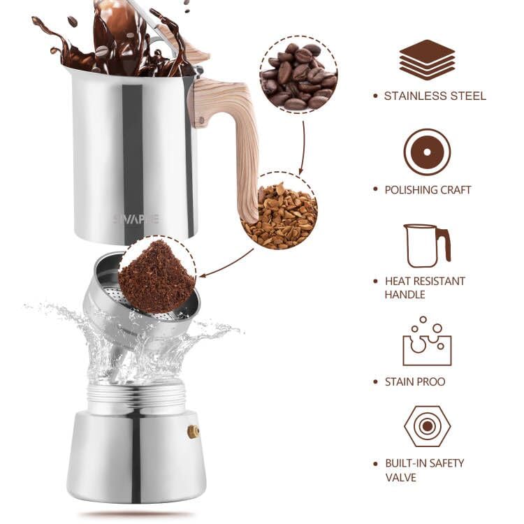 Sivaphe4 cups Stainless Steel Stovetop Espresso Coffee Maker | Induction Support 10 oz Intalian Moka Pot | Durable Cuban Coffee Maker 200ml(1 Cup=50ml) 4 CUP stainless