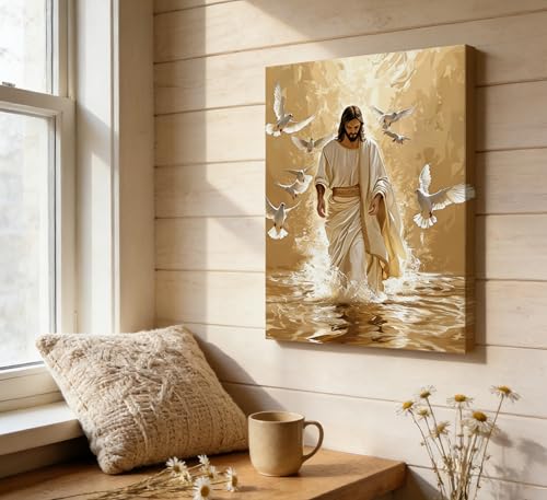 Jesus Walking on Water Christian Religious Canvas Wall Art 16x24 Inch Jesus and doves 24"L x 16"W