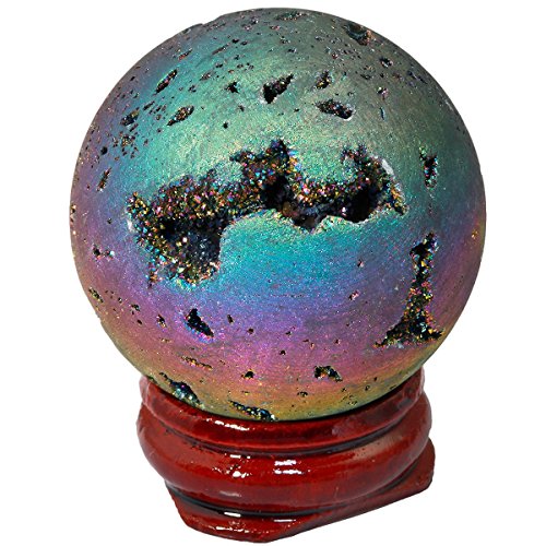 Rockcloud 40mm Colorful Titanium Coated Agate Geode Ball with Wood Stand Rainbow