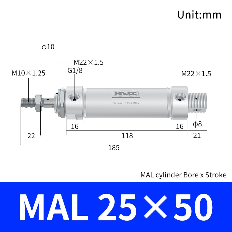 [Australia - AusPower] - MAL Mini Cylinder 25mm Bore 50mm（2 inch） Stoke Aluminum Alloy Round Small Double Acting air Cylinder MAL25x50 50mm Stroke 