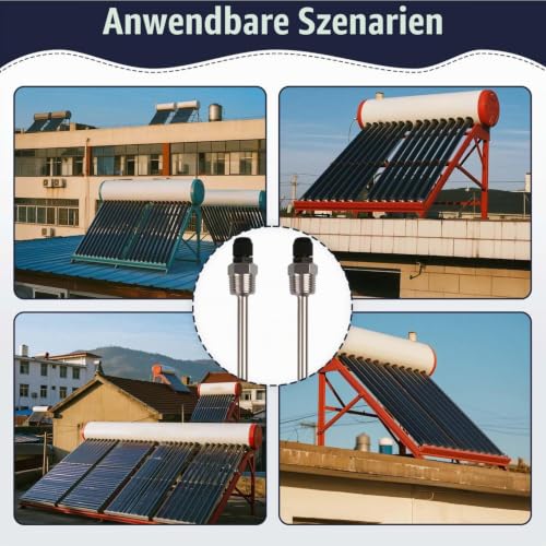 2x Immersion Sleeve 1/2 Inch Stainless Steel for Temperature Sensor and Temperature Sensor | Robust protective tube (8 x 150 mm), waterproof G1/2 connection, ideal for solar thermal, water tank or heating systems