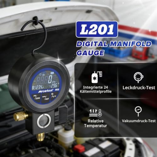 MRCARTOOL L201 Digital Manifold Gauge for Air Conditioning Systems | 24 Refrigerants R290, R1234yf, R22, R32 and R454b for air conditioning maintenance, refrigerant filling, pressure measurement and leak testing.