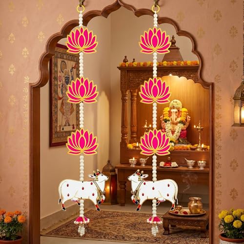 TIED RIBBONS 2 Pcs Kamdhenu Indian Hanging Decorations | Plastic, 2 feet | Lotus Wall Hanging for Indian Pooja Diwali Decor, Ganesh Chaturthi Decoration, Navratri | Wall Hangings for Mandir