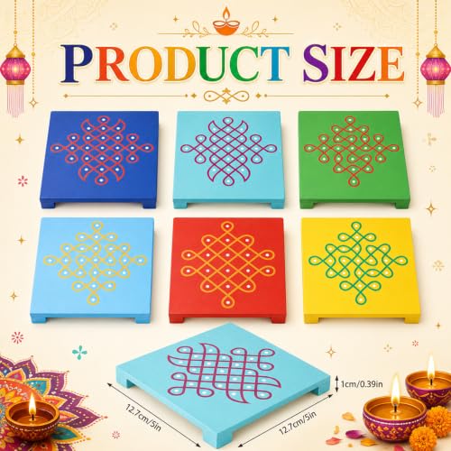 Kathfly 6 PCS Diwali Wooden Pooja Stand, 5 inch Puja Chowki Gifts Colorful Square