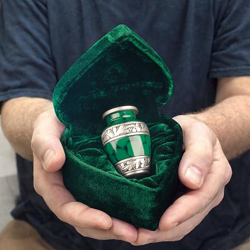 Small Keepsake Cremation Urn for Human Ashes Men Women with Velvet Heart Case, Bag & Funnel – Green Mini Family Sharing Funeral Tiny Urn Male Female or Pet - Memorial Decorative Urn for Mom Dad