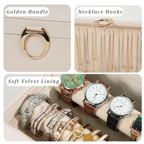 Bracelets Organizer with 2Rods Necklace Hooks for Women Girl Bracelet Display Holder for Watch Bangles PU Leather Jewelry Box Beige