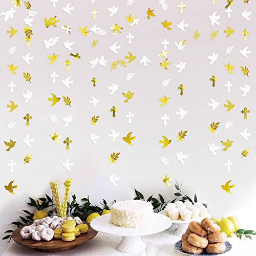40Ft Gold and White Peace Doves Olive Leaf Cross Paper Garland Streamer for Spring Wedding Bridal Shower Birthday Engagement First Holy Communion Religious Christian Baptism Tea Party Decorations Gold Dove