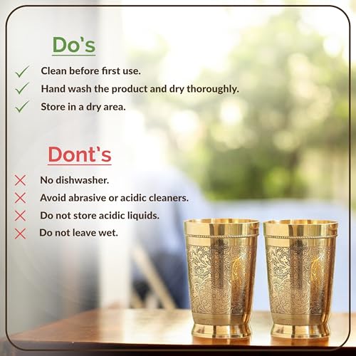 Indian Art Villa Brass Glass Tumbler, Embossed Design, 11 Oz Each, Set of 2