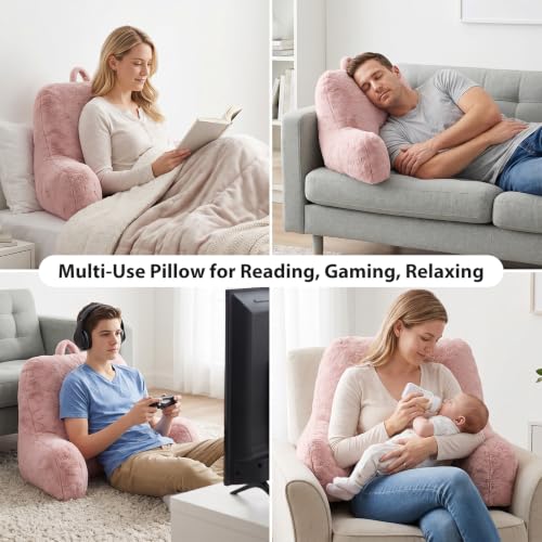 Reading Pillow for Sitting in Bed Adult – Back Support with Arms, Large Bed Rest Cushion for Reading, TV, Gaming, Laptop – Home, Office, Dorm, Pink