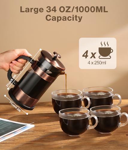 French Press Coffee Maker - 34 Ounce Classice Stainless Steel Coffee Press with 4-Level Filtration System, Heat Resistant Thickness Borosilicate Glass French Press Coffee Pot for Camping Travel Gift Copper