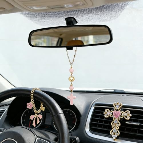3 Pcs Christian Car Accessories for Women - Rear View Mirror Cross, Steering Wheel Rosary Charm & Air Vent Clip - Cute Girly Bling Car Decor (Pink) Pink
