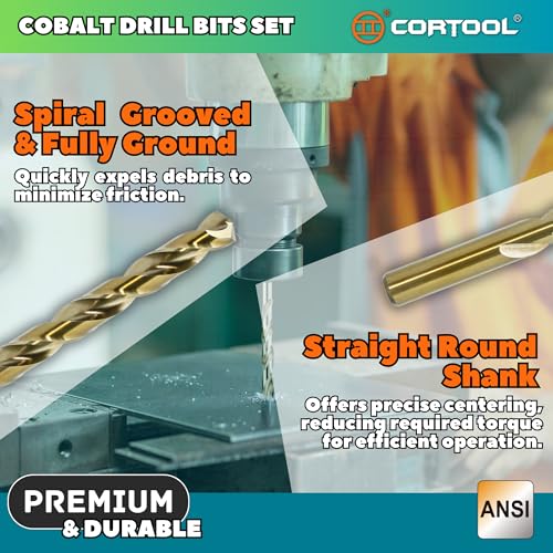1/2 inch Cobalt Drill Bits (6Pcs), M35 HSS Metal Jobber Length Twist Drill Bit Set for Hard Metal, Stainless Steel, Iron, Copper, Aluminium, Brass, Plastic & Wood 6 1/2 Inch