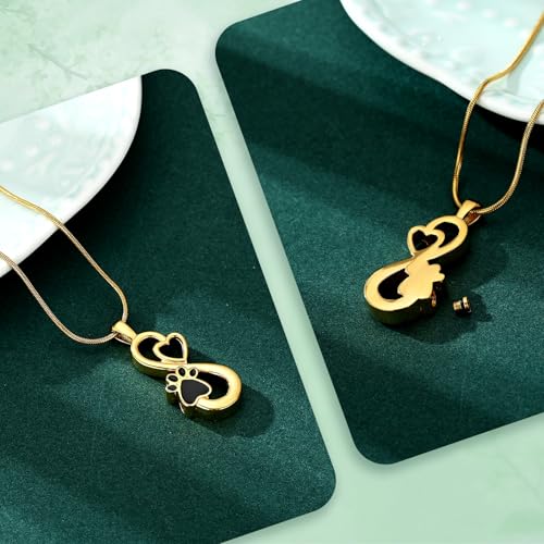 Infinity Pet Paw Cremation Jewelry Urn Necklaces Infinity Urn Pendant Necklaces for Ashes Memorial Keepsake Pendant for Women Gifts With Funnel Kit & Bag Gold