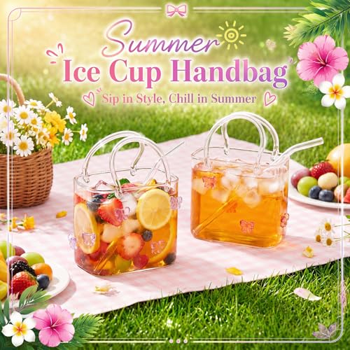 24oz Butterfly Glass Purse Cup with Straw, 2Pcs Pink & Purple Aesthetic Tote Glasses, Transparent Handbag Drinkware, Gift for Women Bridesmaid Birthday Party Travel Cocktail Iced Coffee