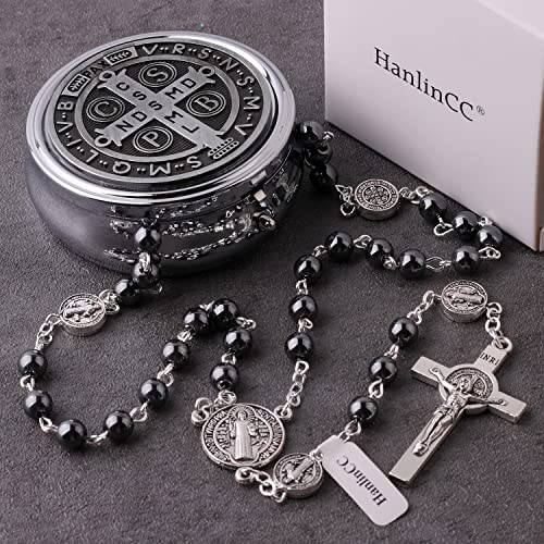 HanlinCC Catholic Rosary St.Benedict Necklace Hematite Beads with Gift Box